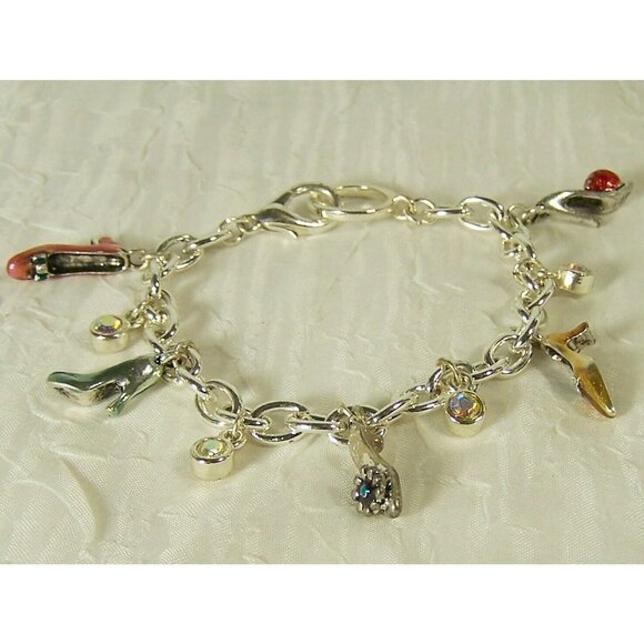 Charm Bracelet Shoe Charms High Heels Rhinestones Silver Tone 8" - Picture 2 of 4